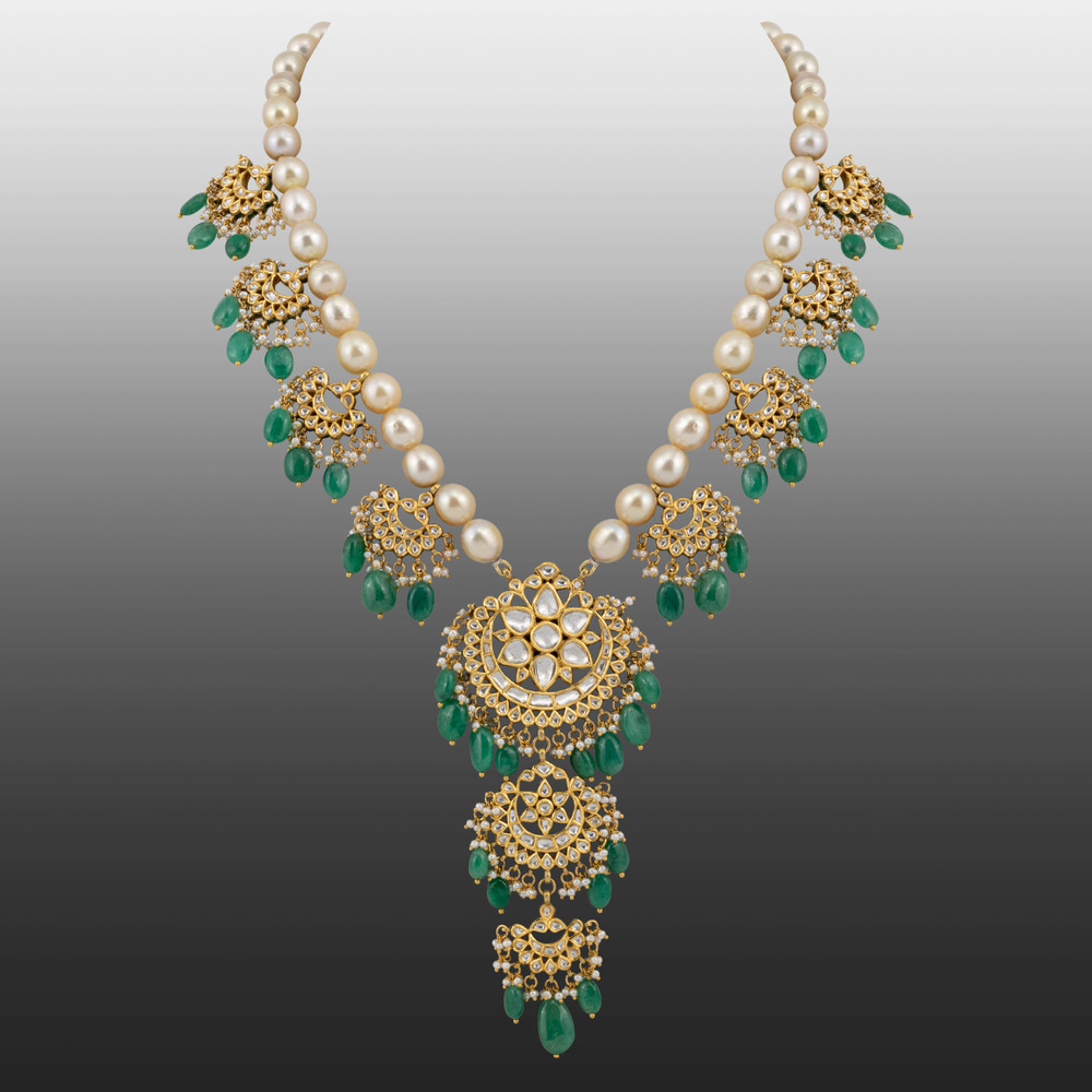 Pearl Chandbali Necklace with Emerald Drops
